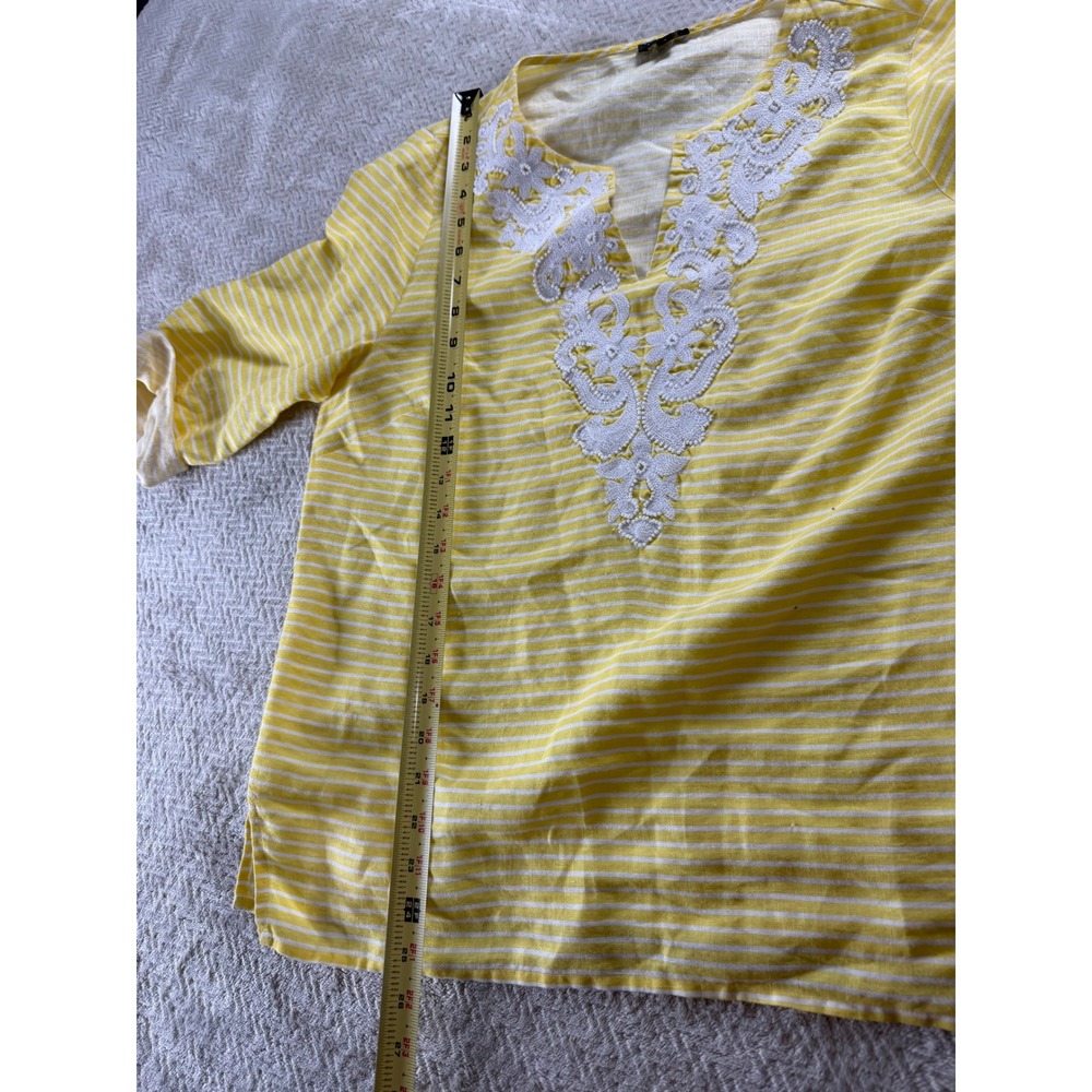 Talbots Womens Yellow White Striped 100% Linen Embroidered V-Neck Tunic Top S - Picture 11 of 16